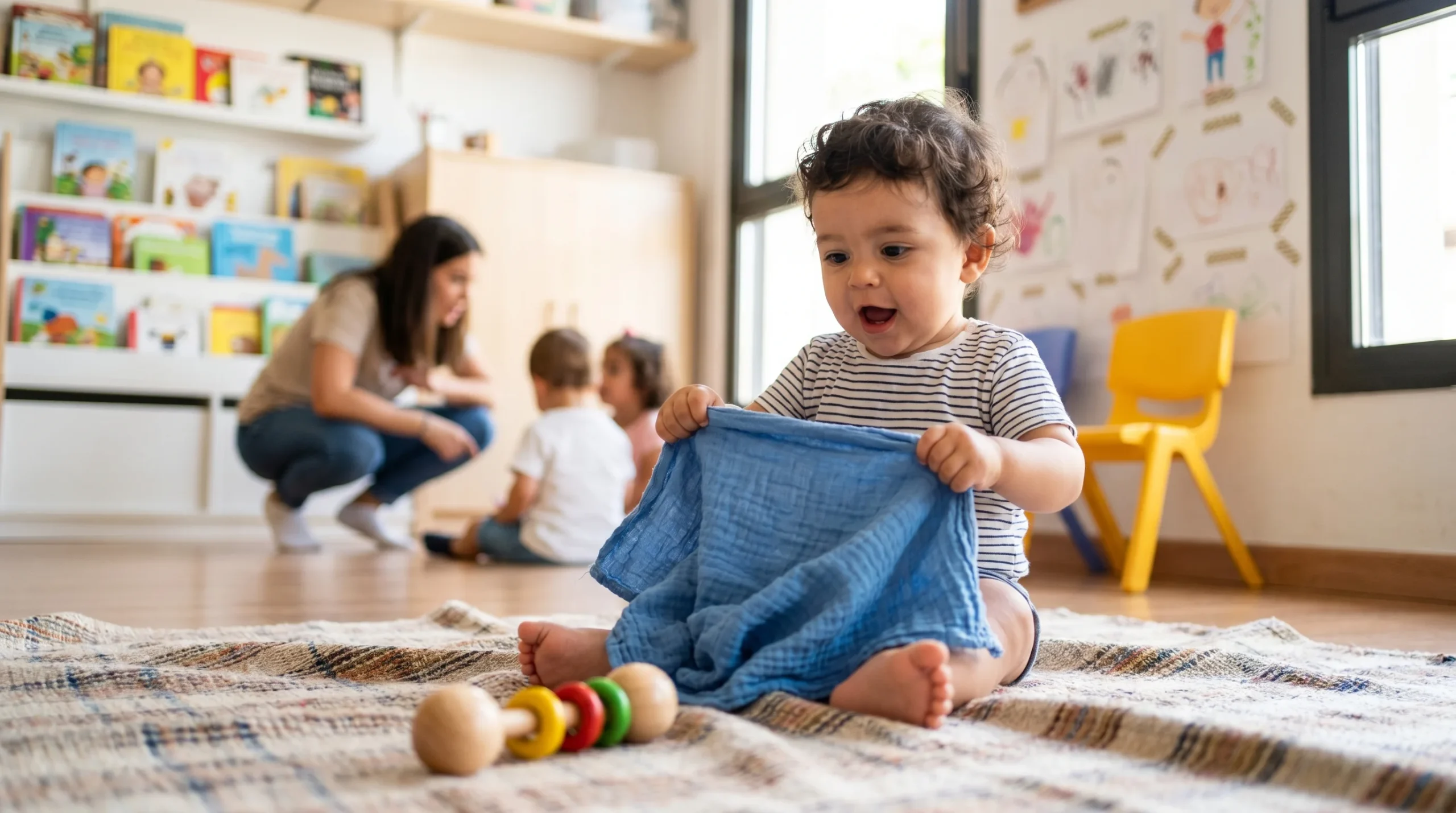 Bebé de un año tirando de un pañuelo para acercar un juguete sobre una manta en el aula — juego de la cinta para bebés