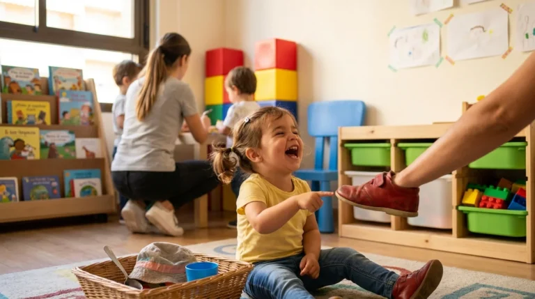 Niña de dos años riéndose a carcajadas mientras un adulto se calza un zapato en la mano en aula infantil — juego del disparate