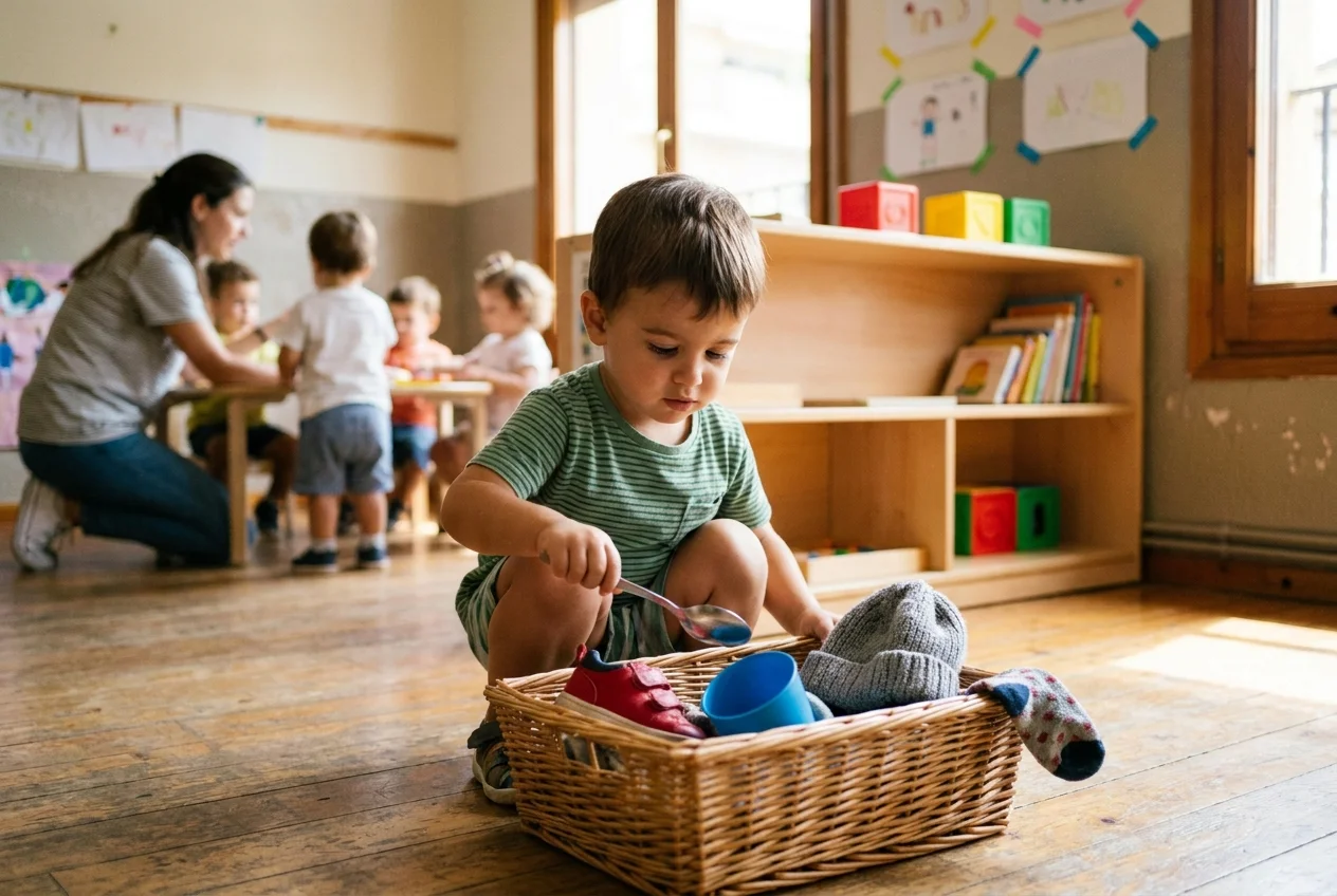 Niño de dos años sacando una cuchara de una cesta con zapato, taza y gorro en aula infantil