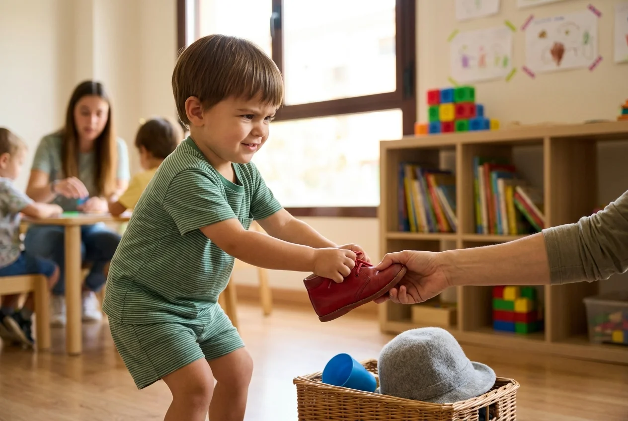 Niño de dos años quitando un zapato de la mano de un adulto para devolverlo a su pie en aula infantil