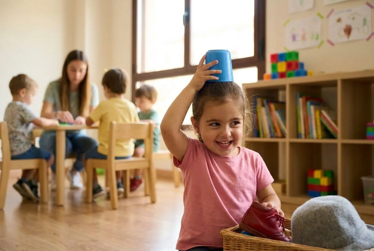 Niña de tres años con una taza de plástico sobre la cabeza mirando de reojo y riendo — juego del disparate