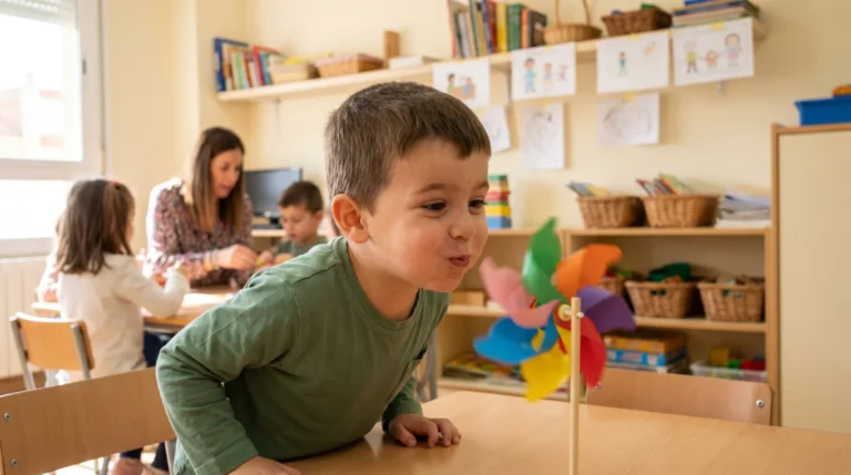 Niño de 3 años soplando un molinillo de viento en aula infantil — juegos de soplar para niños