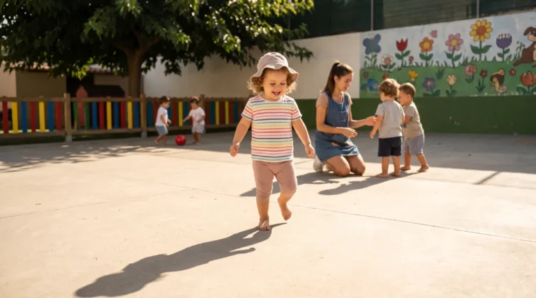 Niña de 3 años persiguiendo su propia sombra en el patio al sol de la mañana — jugar con la sombra