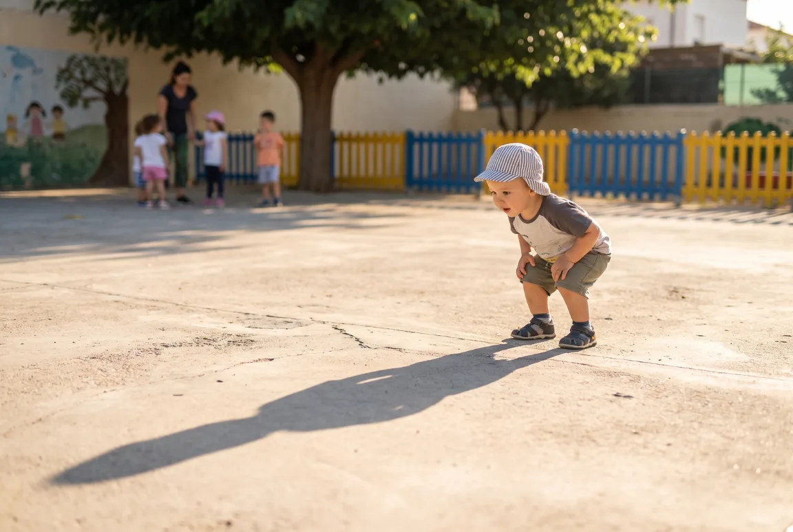 Niña pequeña parada al sol mirando sorprendida su sombra larga en la acera por la mañana