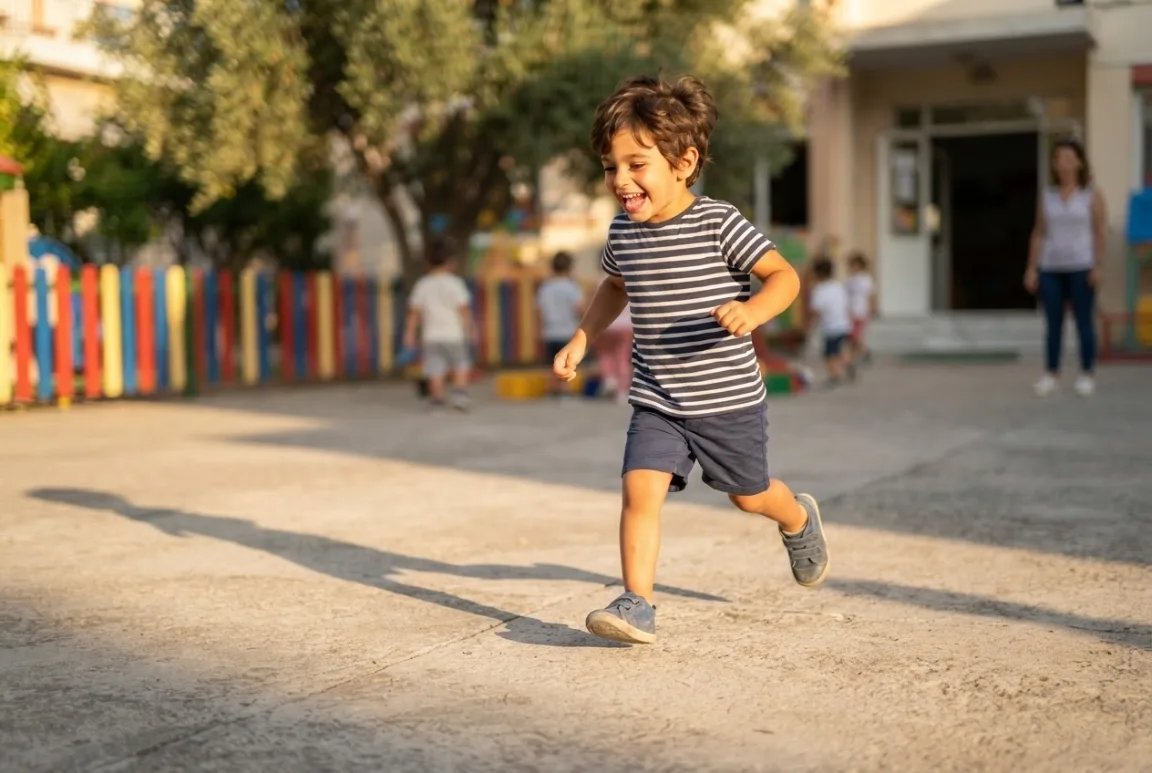 Niña riendo mientras corre e intenta pisar su propia sombra en el patio al sol