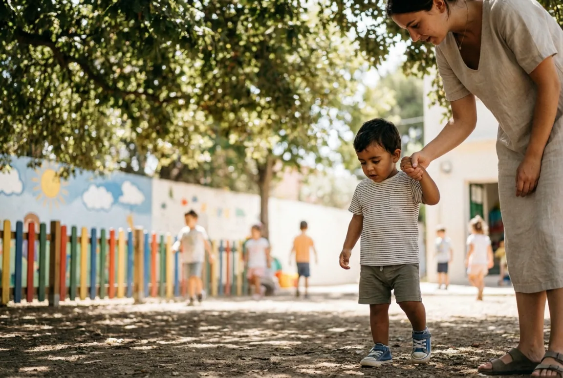 Niño de 3 años entrando en la sombra de un árbol y mirando el suelo donde su sombra ha desaparecido — jugar con la sombra