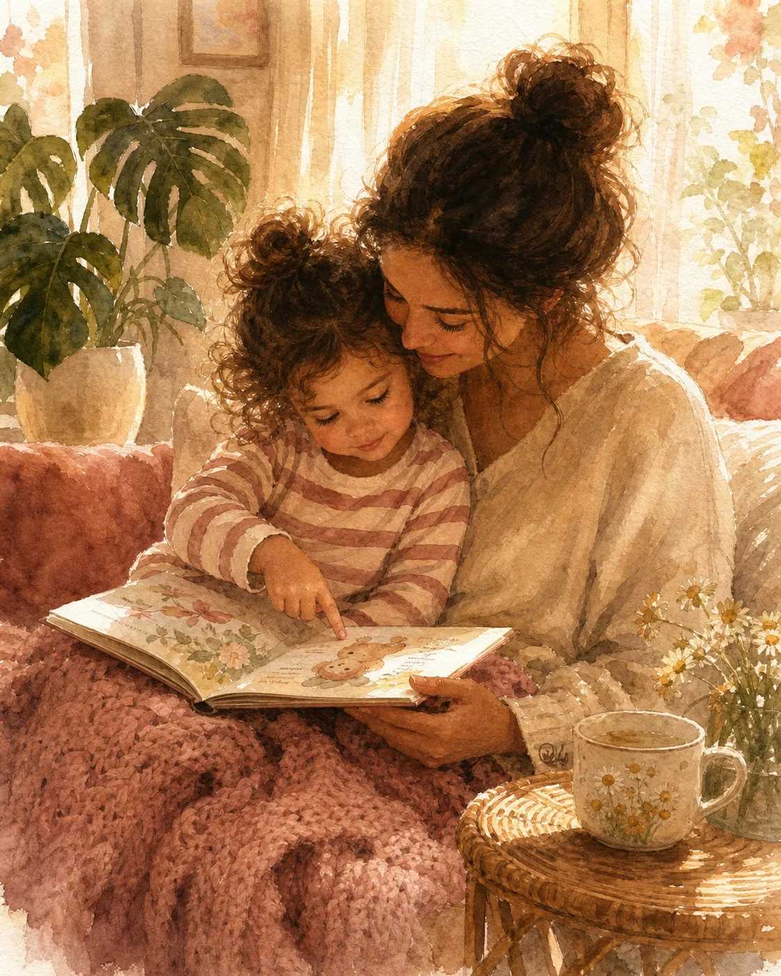 Madre leyendo cuento a Noa de 2 años antes de dormir, momento de calma compartida