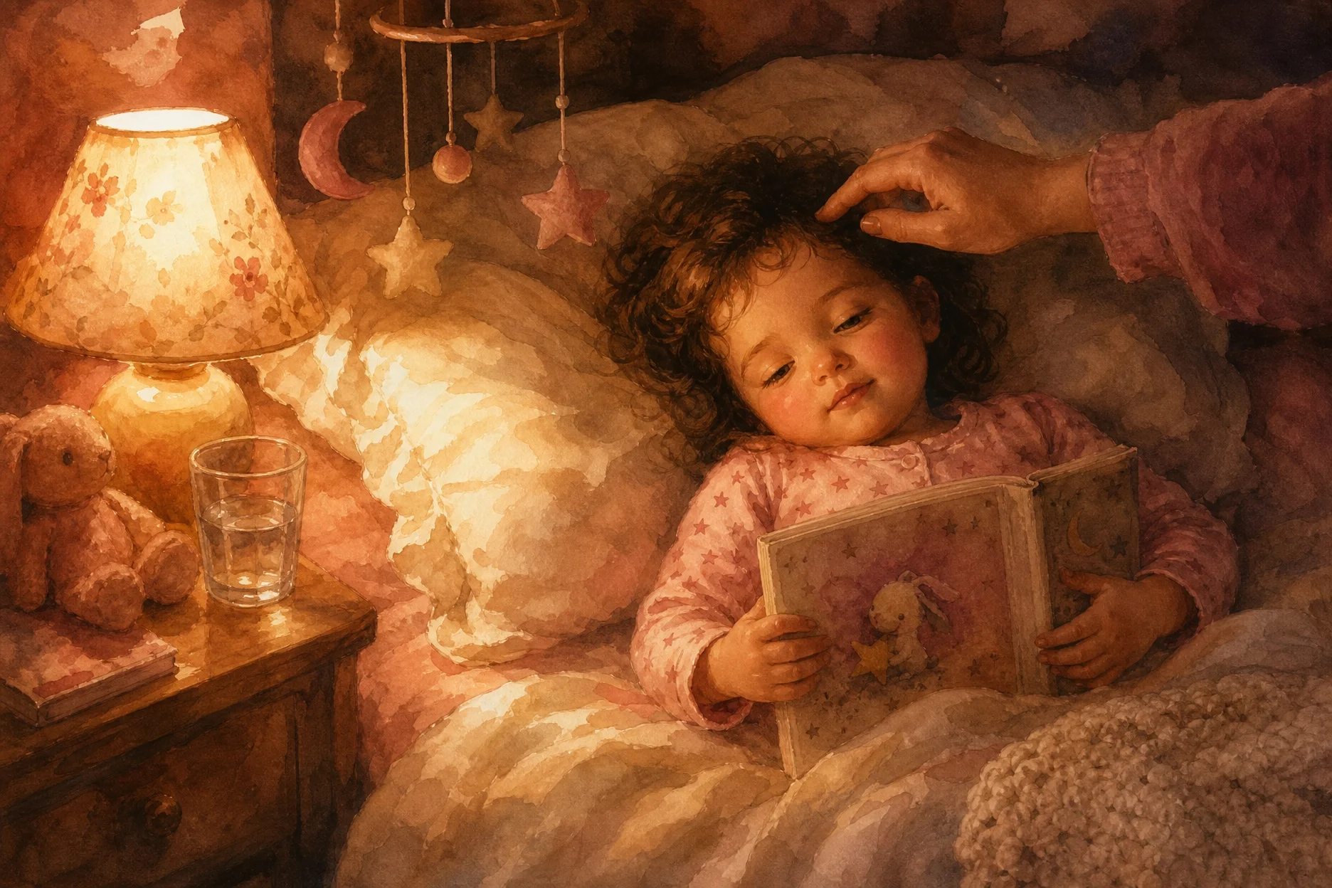 Noa de 2 años en la cama con un libro, mientras una mano le acaricia el pelo antes de dormir
