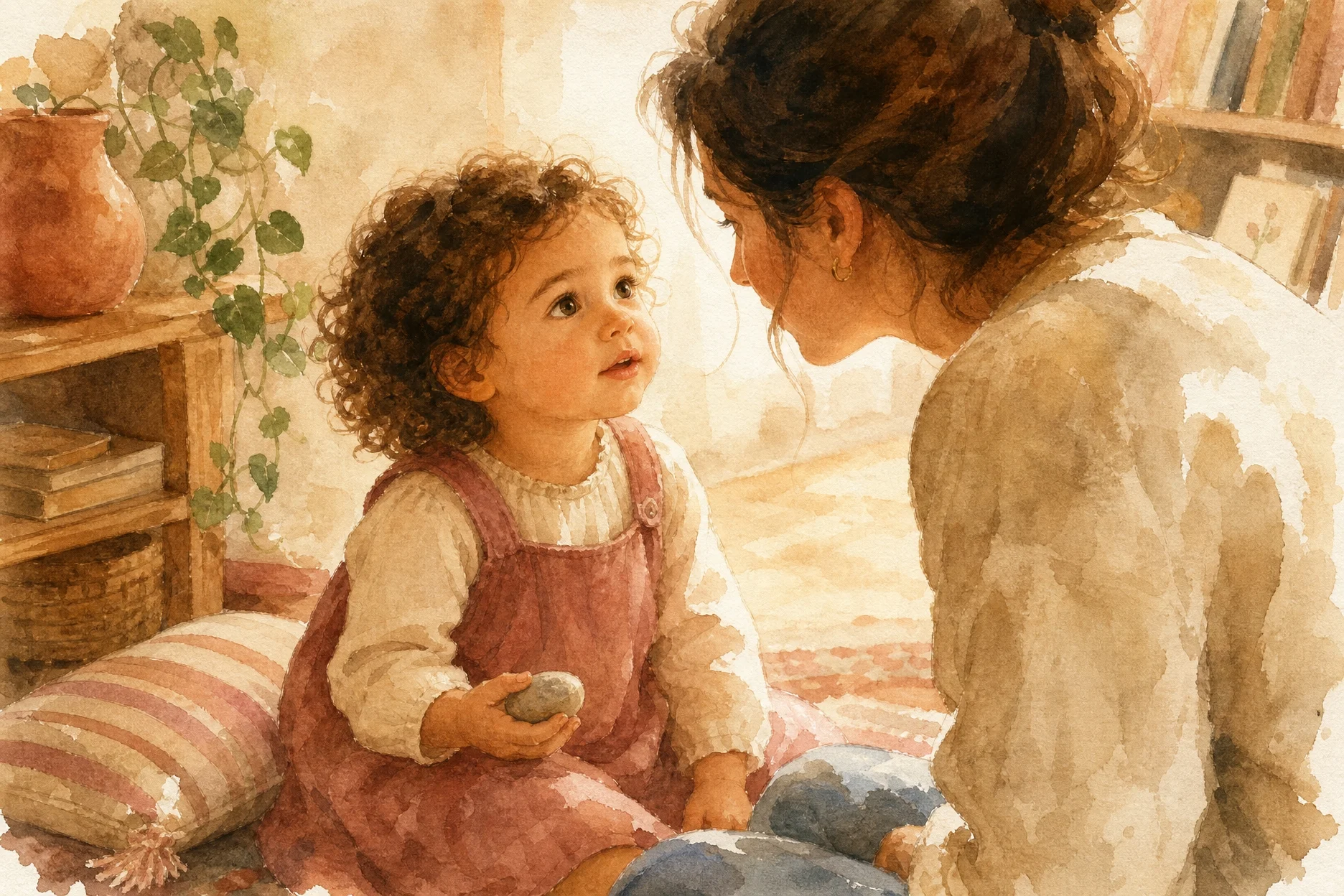 Noa a los 2 años en momento de conexión tranquila con un adulto — palabras que acompañan la gratitud