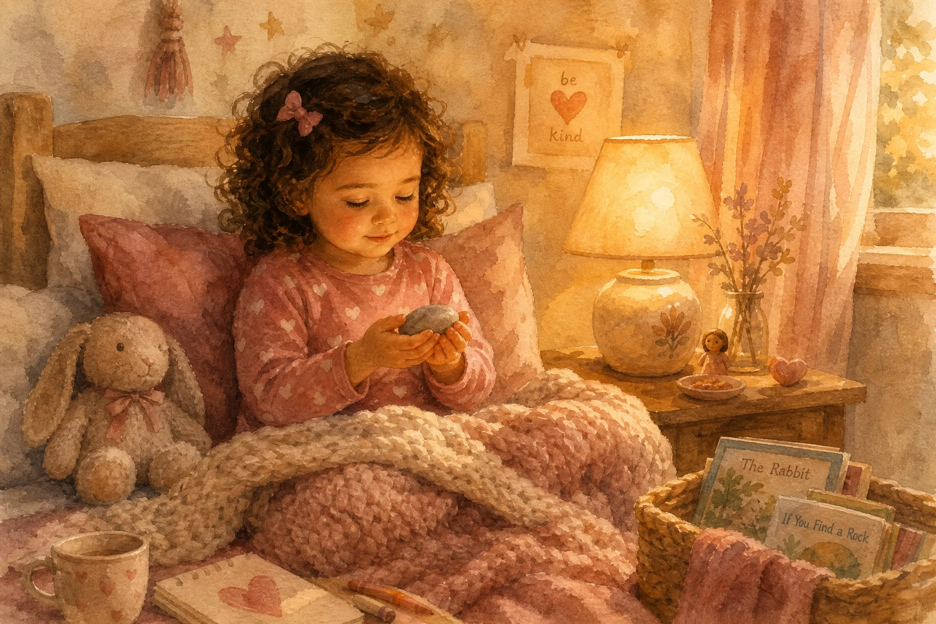 Noa a los 2 años en ritual de gratitud antes de dormir, sosteniendo una piedra suave — hábito de reconocimiento