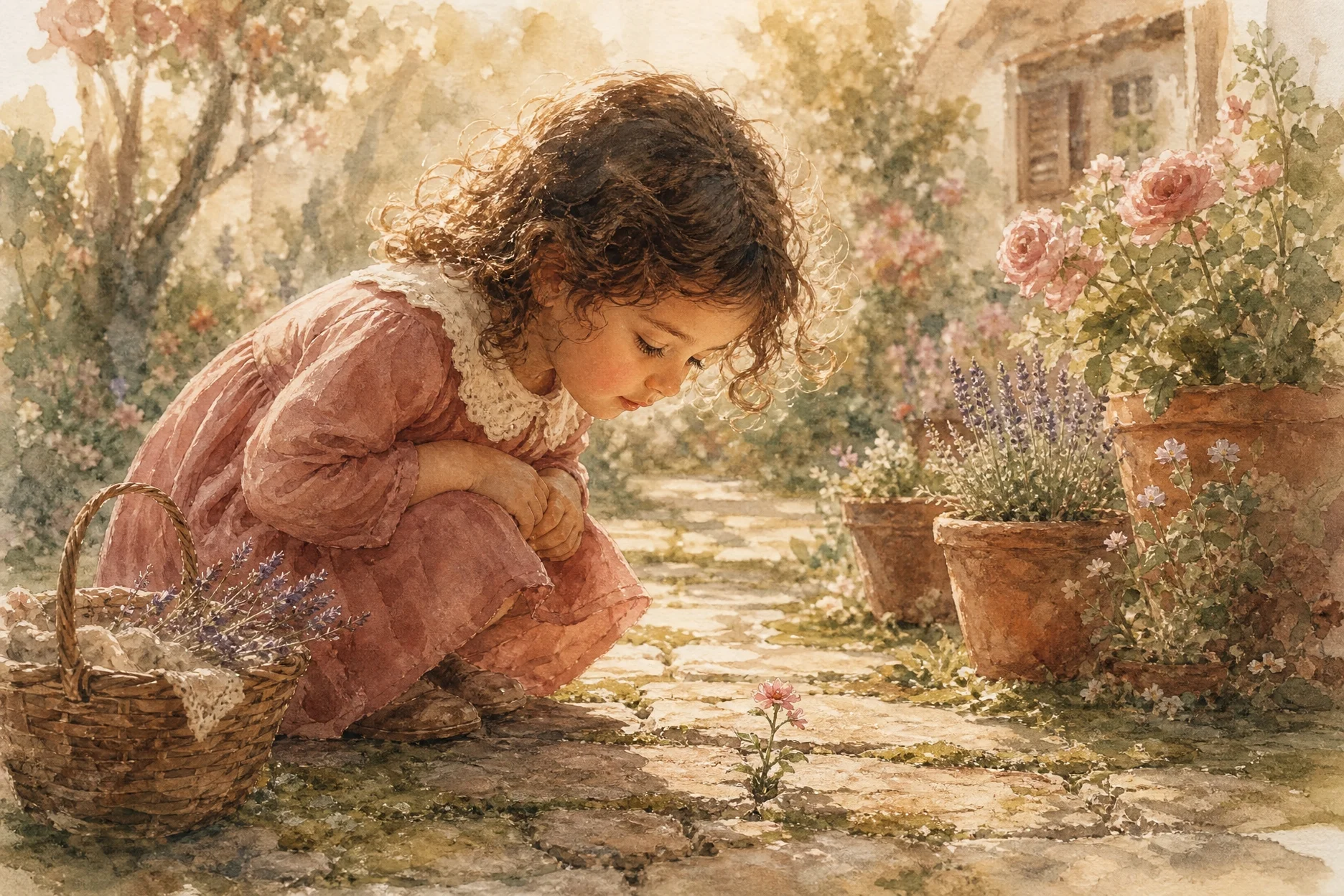 Noa de 4 años mirando con atención algo pequeño y bello — la mirada agradecida que se construyó desde los 2 años