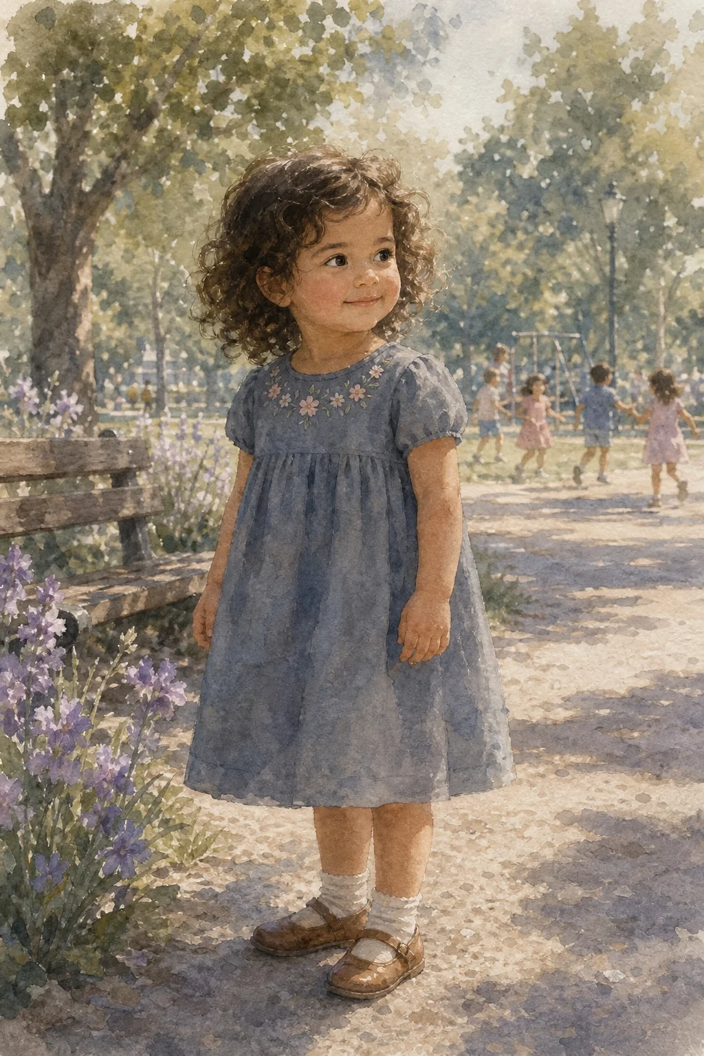 Noa en el parque mirando a otros niños con curiosidad tranquila