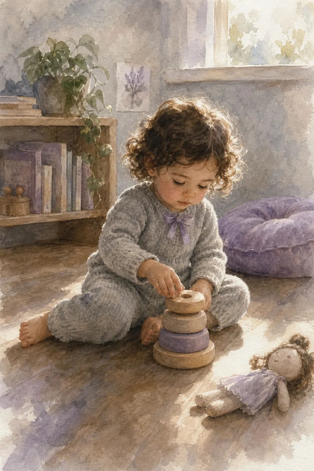 Noa a los 2 años jugando tranquila en el suelo con bloques, madre al fondo leyendo, calma tras el susto, habitación acogedora, acuarela tonos lavanda suave