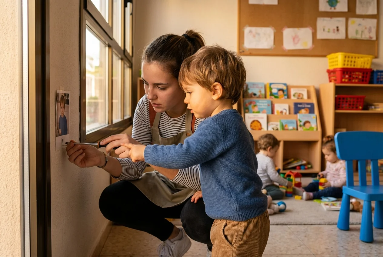 Adulto fijando un gancho bajo en la pared del recibidor mientras un niño pequeño observa