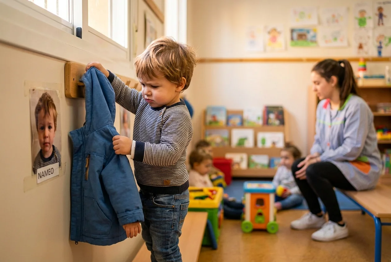 Niño de dos años de puntillas colgando su propio abrigo en el gancho con gesto de concentración