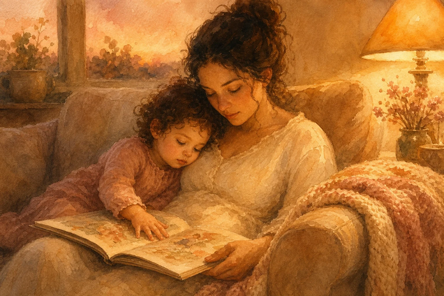 Madre e hija de dos años leyendo juntas un cuento en el sofá al final del día