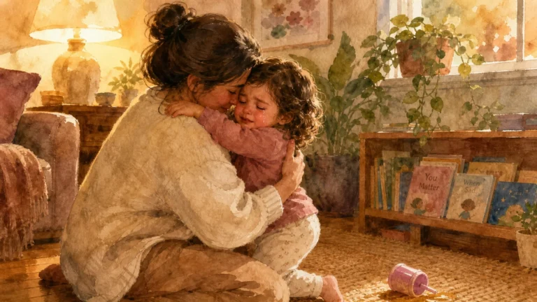 Madre abrazando a su hija de dos años en el suelo del salón tras un enfado — reparar el vínculo