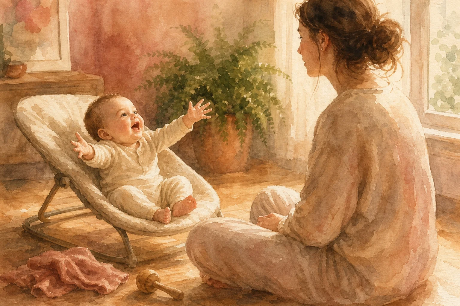 Bebé de pocos meses intentando captar la atención de su madre con gestos y sonidos — experimento del still face