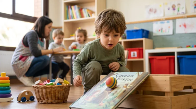 Niño de 3 años soltando una pelota por una rampa casera y mirándola rodar en el aula — rueda o no rueda