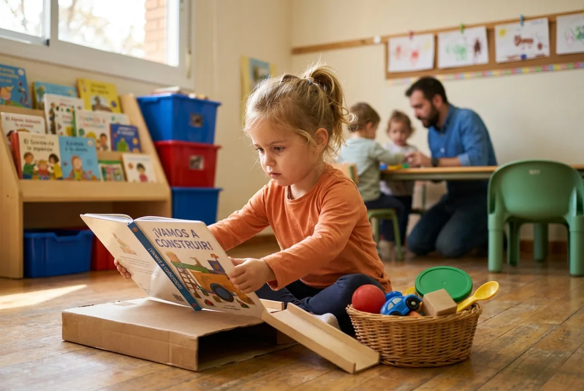 Niño pequeño montando una rampa con un libro apoyado sobre una caja junto a una cesta de objetos