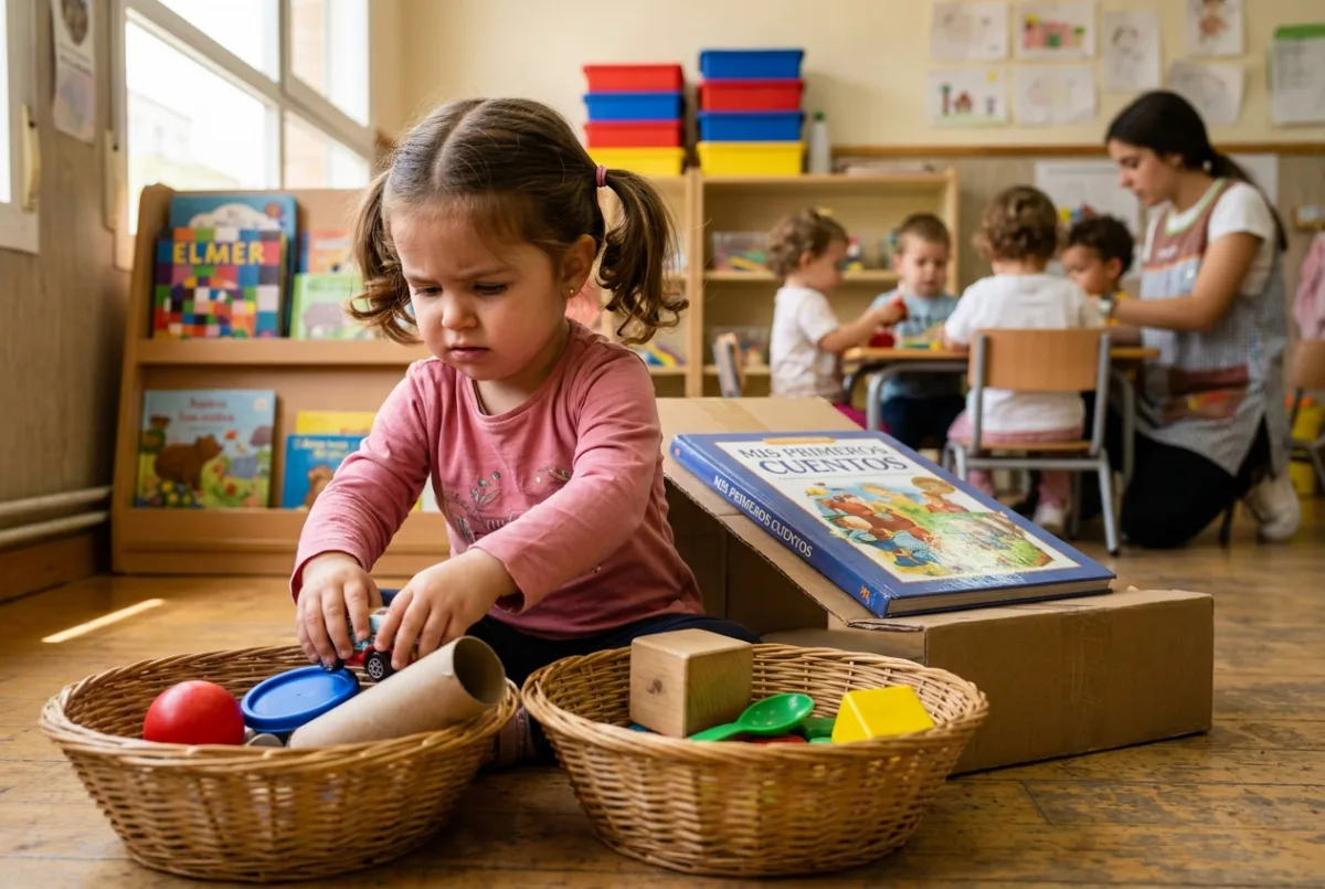 Niño de 3 años repartiendo objetos en dos cestas separadas tras probarlos en la rampa