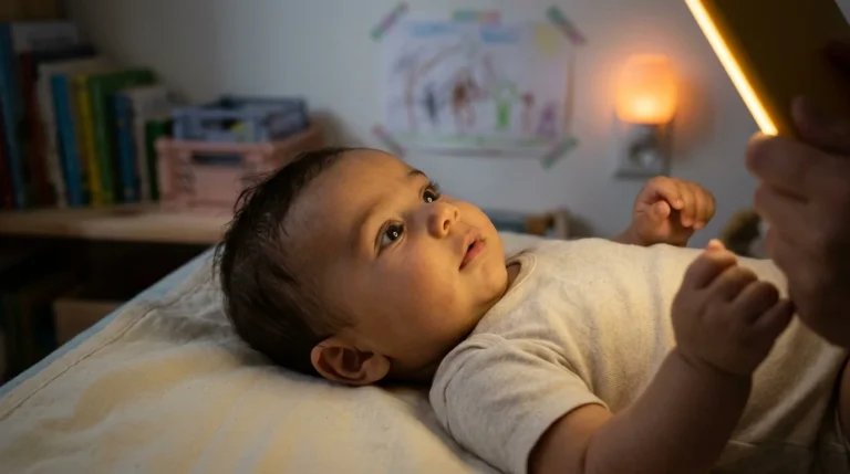 Bebé tumbado boca arriba siguiendo con la mirada una luz suave en penumbra — seguimiento visual bebé