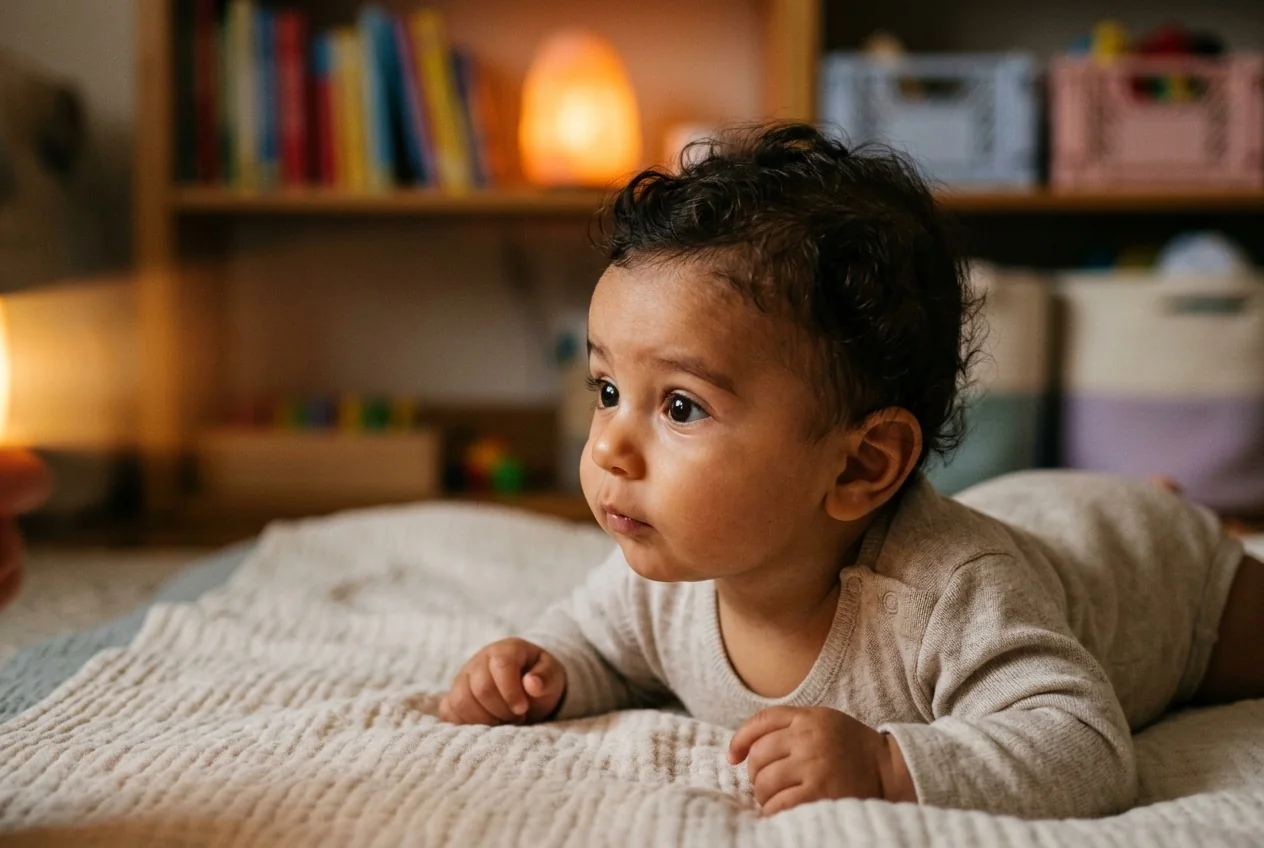 Bebé girando los ojos y la cabeza para seguir una luz que se mueve de lado a lado