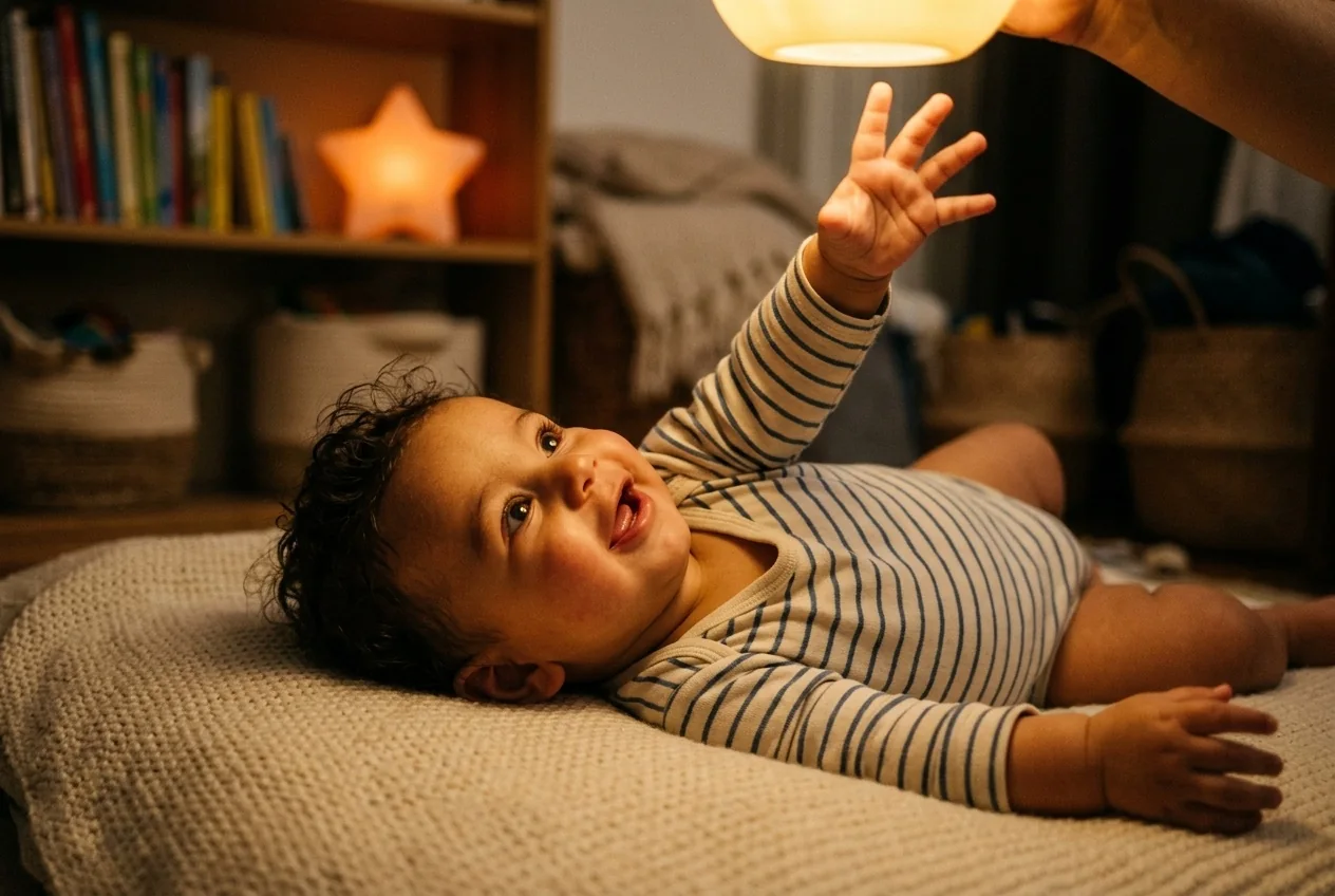 Bebé de unos siete meses estirando la mano hacia una luz suave con cara de logro — seguimiento visual bebé