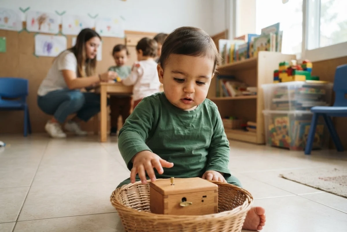 Bebé sentado mirando y tocando una cajita de música que suena dentro de una cesta baja en el aula