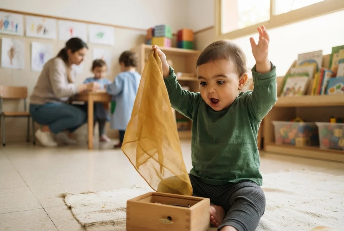 Bebé levantando por completo un pañuelo con cara de sorpresa al encontrar la cajita de música