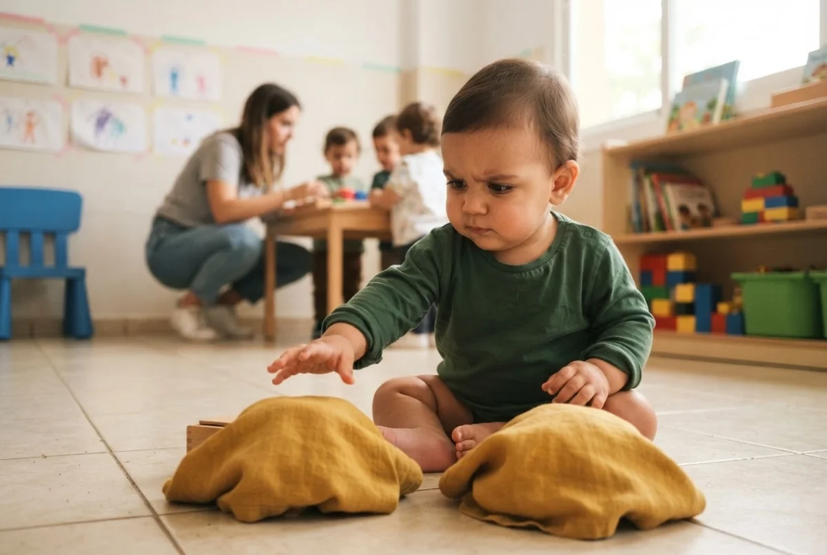 Bebé ante dos pañuelos de tela llevando la mano hacia el que esconde la cajita de música que suena — juego del sonido escondido