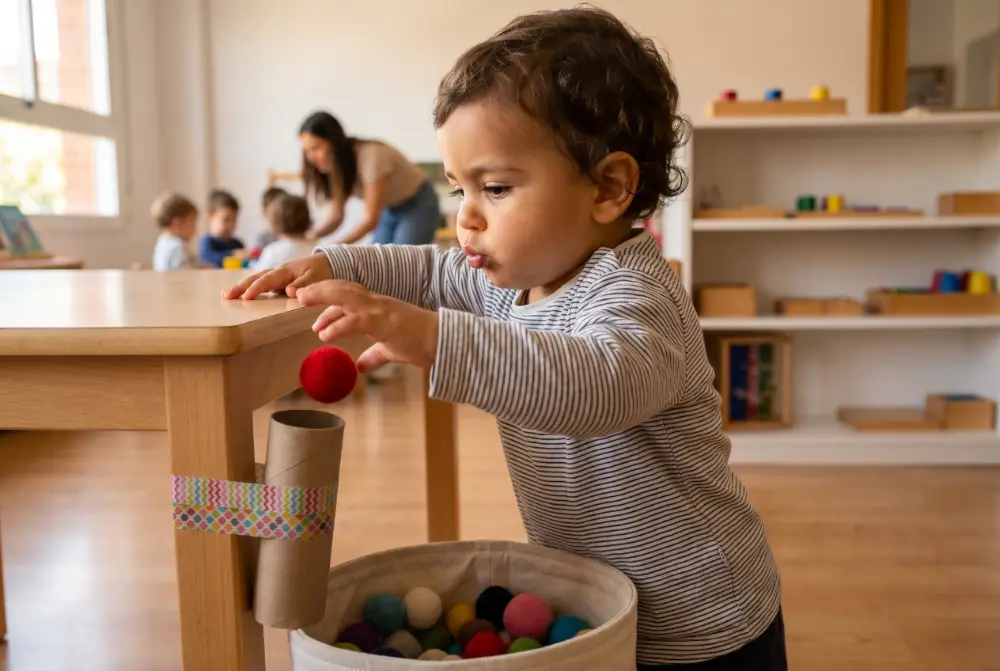 Bebé soltando un pompón de colores por la boca superior del tubo de cartón con concentración