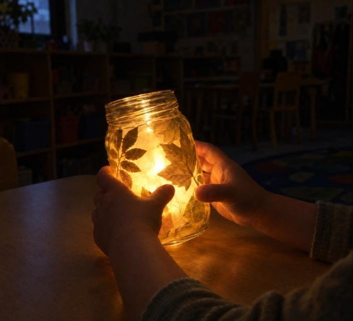 Manos y antebrazos infantiles sujetando y girando el bote de cristal encendido con las siluetas de hoja