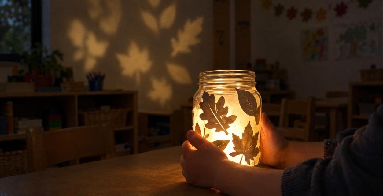 Bote de cristal envuelto en siluetas de hojas de otoño, iluminado por dentro con una luz de pilas, en una habitación en penumbra — bote girasombras