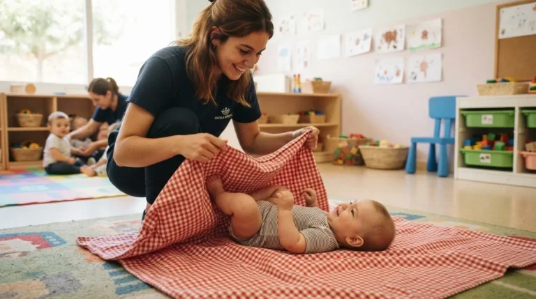 Educadora meciendo muy despacio a un bebe de 8 meses tumbado sobre una manta a ras de suelo en el aula — balanceo en la manta