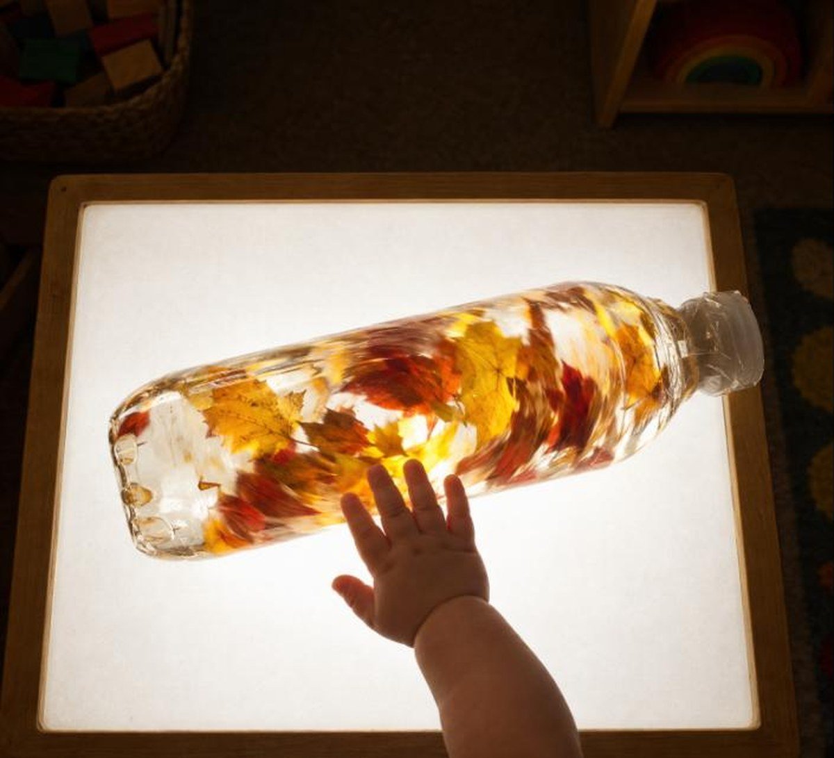 Mano de un bebé empujando con la palma abierta la botella sellada que rueda sobre la mesa de luz mientras las hojas giran dentro — botella sensorial de otoño