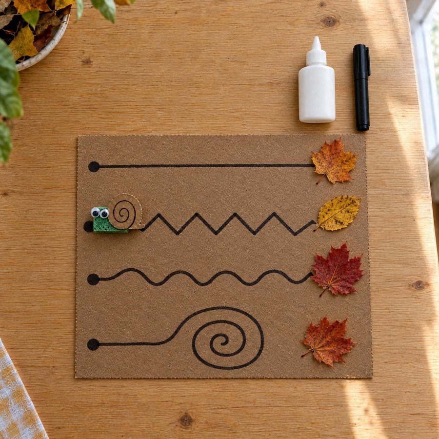 Plancha de cartón con una recta, un zigzag, unas ondas y una espiral dibujados con rotulador negro, con hojas secas al final