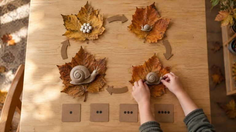 Ciclo del caracol con arcilla y hojas: huevos, caracol pequeño, mediano y grande sobre cuatro hojas secas de otoño unidas por flechas