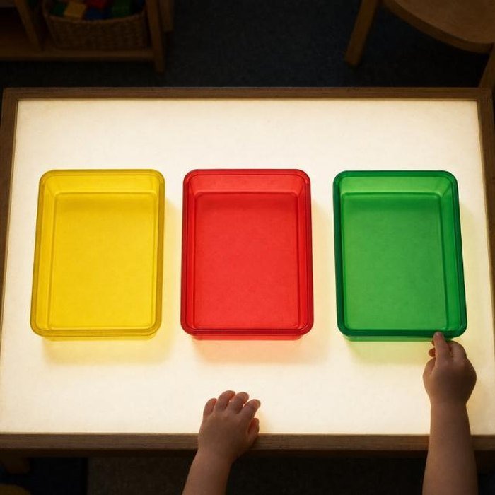 Tres bandejas translúcidas vacías, amarilla, roja y verde, colocadas en fila sobre la mesa de luz encendida