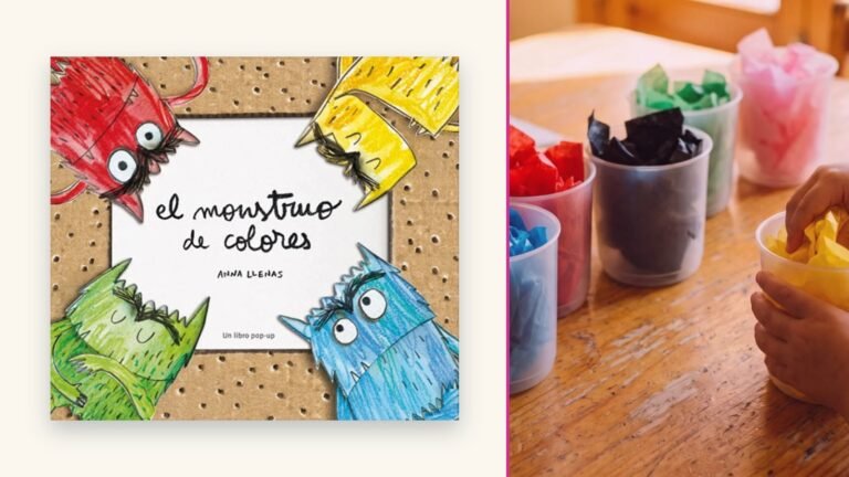 El libro El Monstruo de Colores de Anna Llenas junto a los botes de colores de la actividad de Los Mundos de Noa