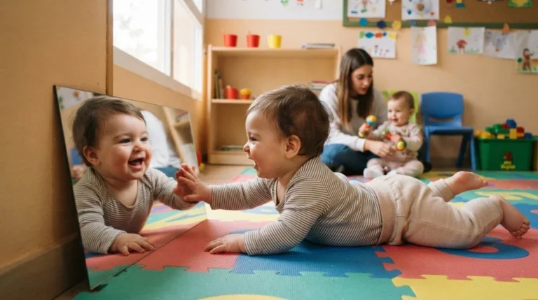 Bebé de unos 6 meses boca abajo mirándose en un espejo apoyado en la pared del aula — espejo para bebés