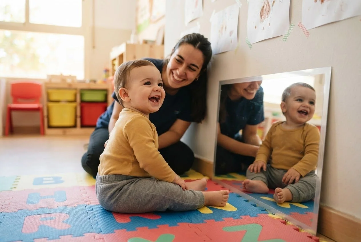 Bebé girando la cabeza para buscar a la educadora que acaba de aparecer en el reflejo del espejo, con sonrisa amplia — espejo para bebés