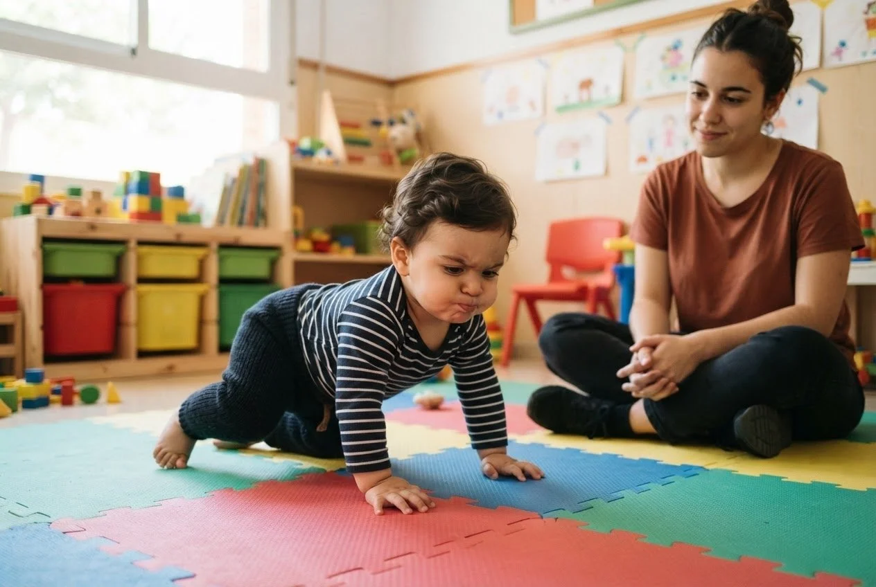Bebé a cuatro patas balanceándose sobre la alfombra mientras la educadora espera a su lado sin intervenir