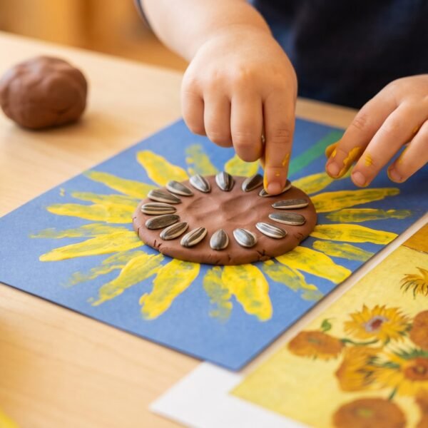 Girasoles de Van Gogh para niños: actividad de otoño con plastilina y pipas (1-3 años)