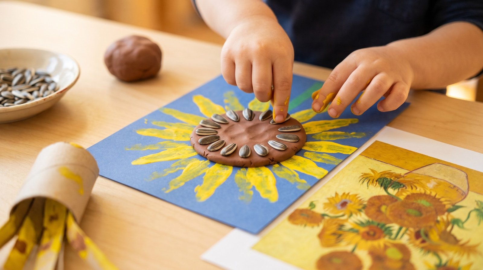 Manos de un niño colocando pipas sobre el centro de plastilina de su girasol junto a la lámina de Van Gogh — girasoles de Van Gogh para niños
