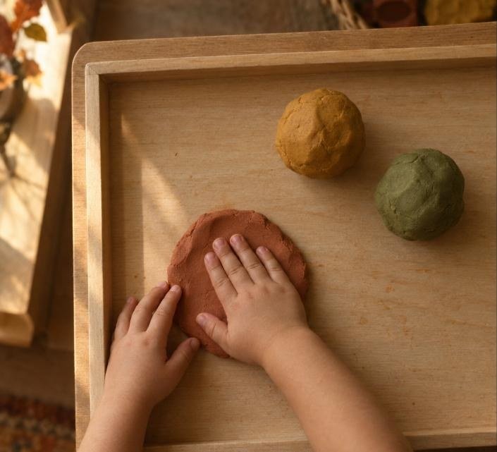 Manos de un niño pequeño aplastando con la palma una bola terracota sobre la bandeja de madera