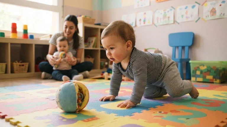 Bebé de unos 8 meses gateando sobre alfombra de aula hacia una pelota con cascabel — juguete viajero para estimular el gateo