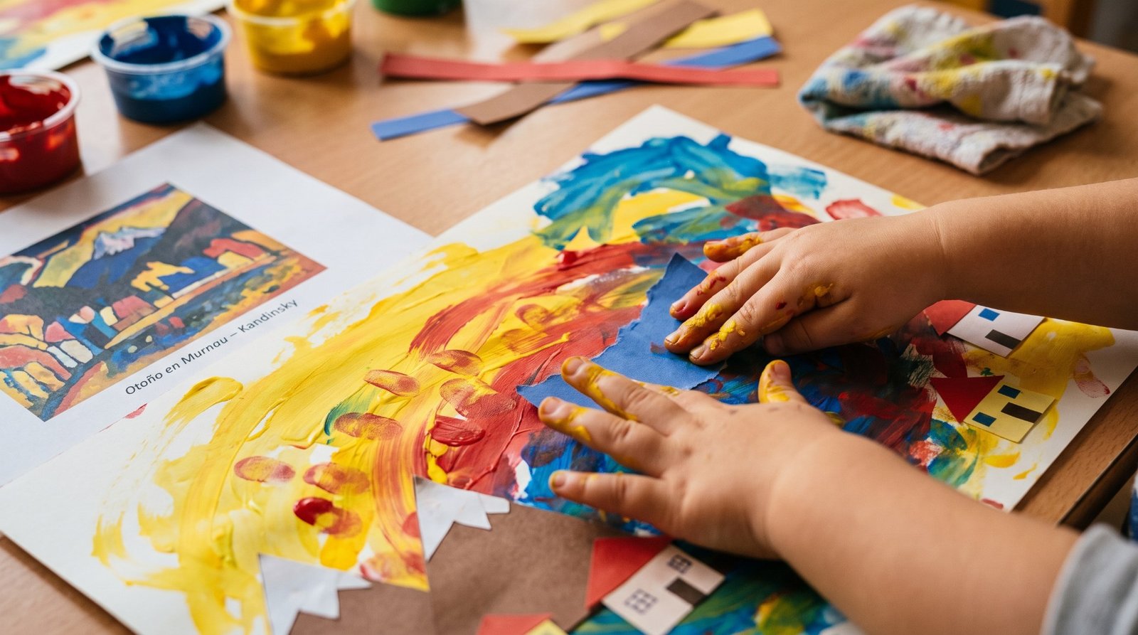 Manos de un niño pegando papeles de colores sobre un fondo pintado con los dedos junto a la lámina de Kandinsky — Otoño en Murnau para niños