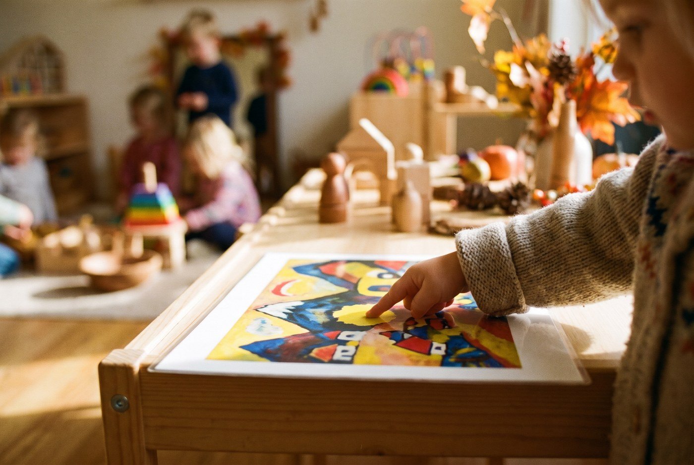 Niña de 2 años señalando los colores de una lámina de Otoño en Murnau de Kandinsky