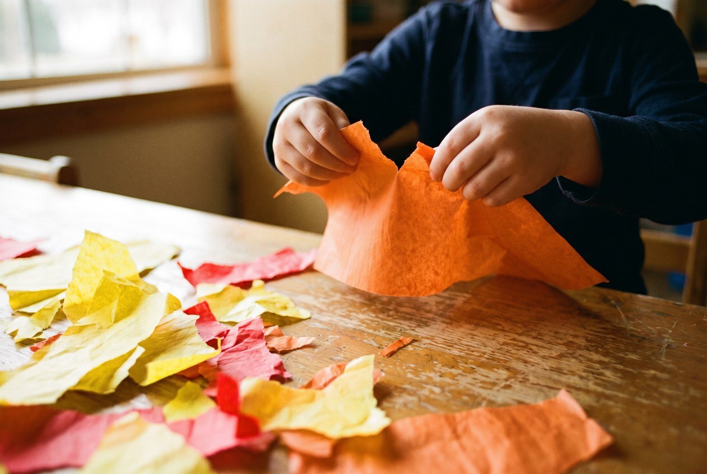 Niño de 2 años rasgando papel de seda de colores con las dos manos en la mesa del aula